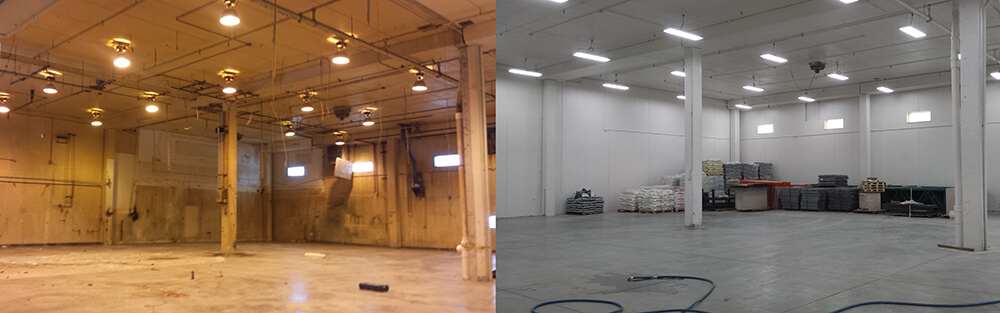 Side by side comparison of a warehouse.  The left side showing before a LED lighting upgrade and the right side showing after the upgrade.