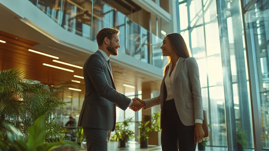 Two professionals shaking hands in a modern, energy-efficient office building with large windows and natural lighting.