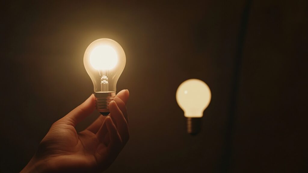 Hand holding a glowing LED light bulb, representing energy-efficient and sustainable lighting solutions.