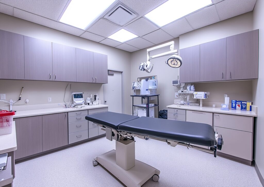 Medical examination room with energy-efficient LED lighting and modern medical equipment in a hospital setting.