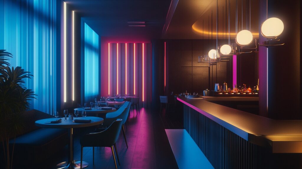 Modern restaurant and bar with colorful LED ambient lighting creating a vibrant atmosphere.