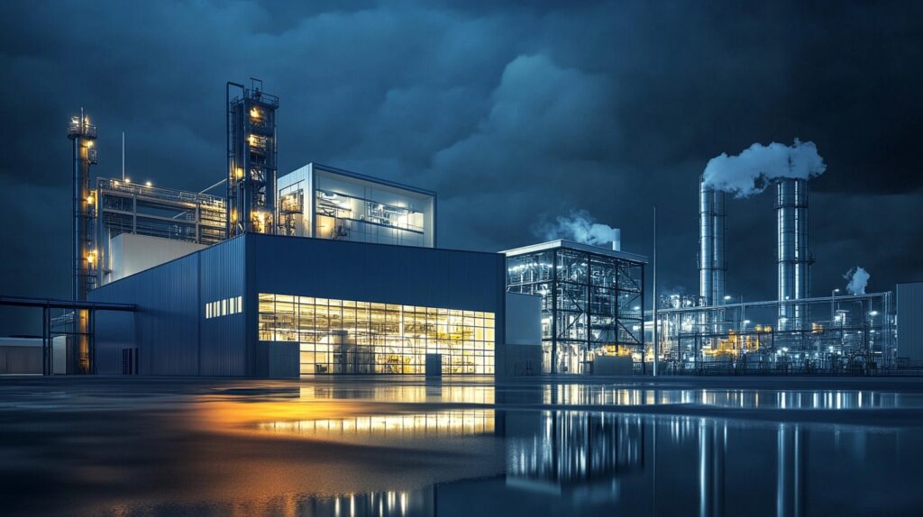 Night view of an industrial manufacturing facility illuminated by energy-efficient LED lighting.