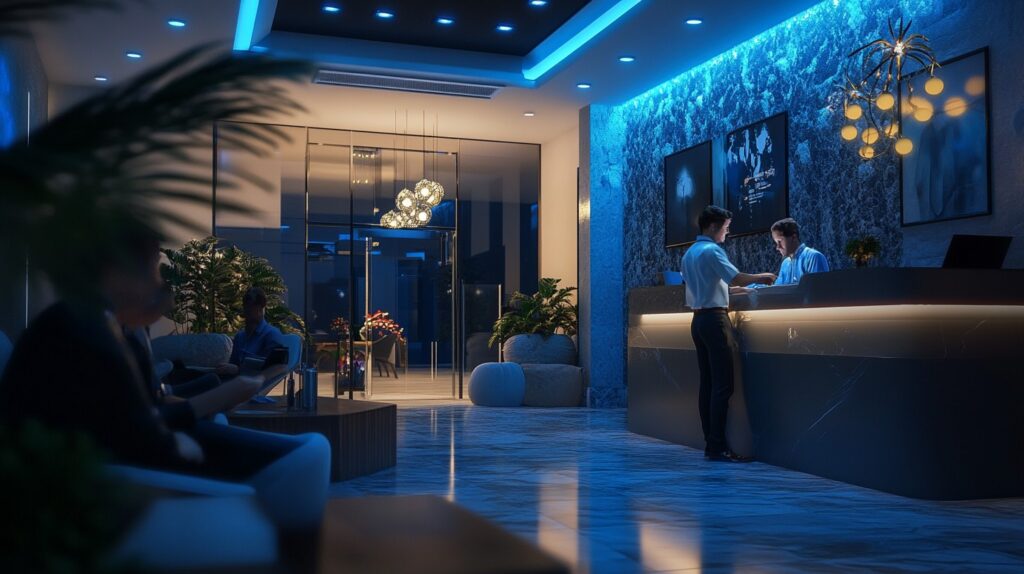 Luxury hotel lobby with modern LED lighting highlighting the reception area and enhancing the guest experience.