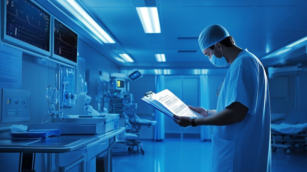 Healthcare professional in a hospital critical care unit reviewing documents under bright LED lighting for optimal visibility.