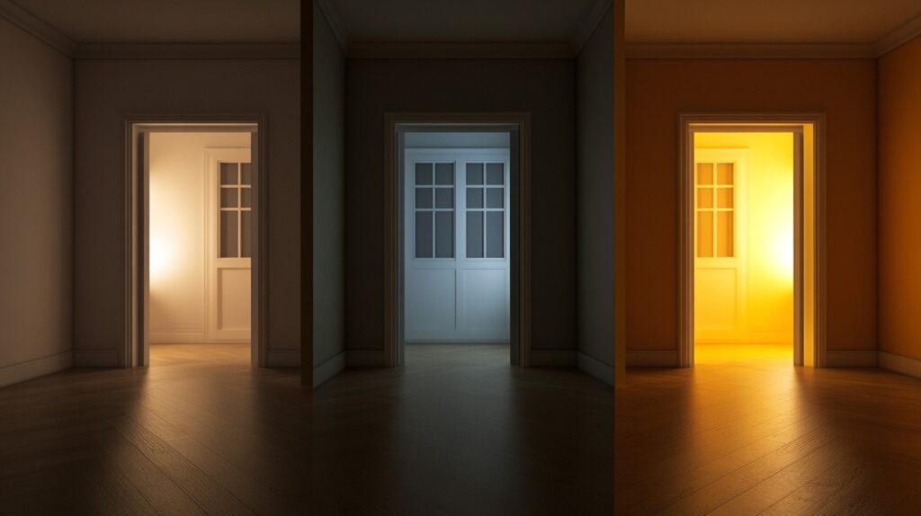 Comparison of warm, cool, and neutral LED lighting temperatures in a hallway, demonstrating various ambiance effects.