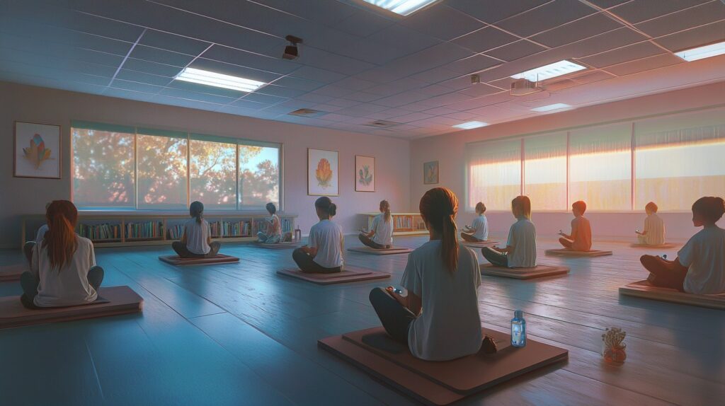 Yoga and meditation room with students practicing under soft LED lighting in a peaceful wellness space.