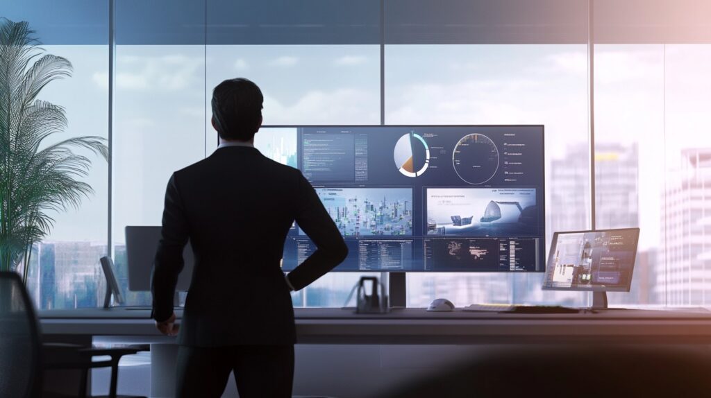 Business professional viewing data visualizations on a large LED display in a modern office.