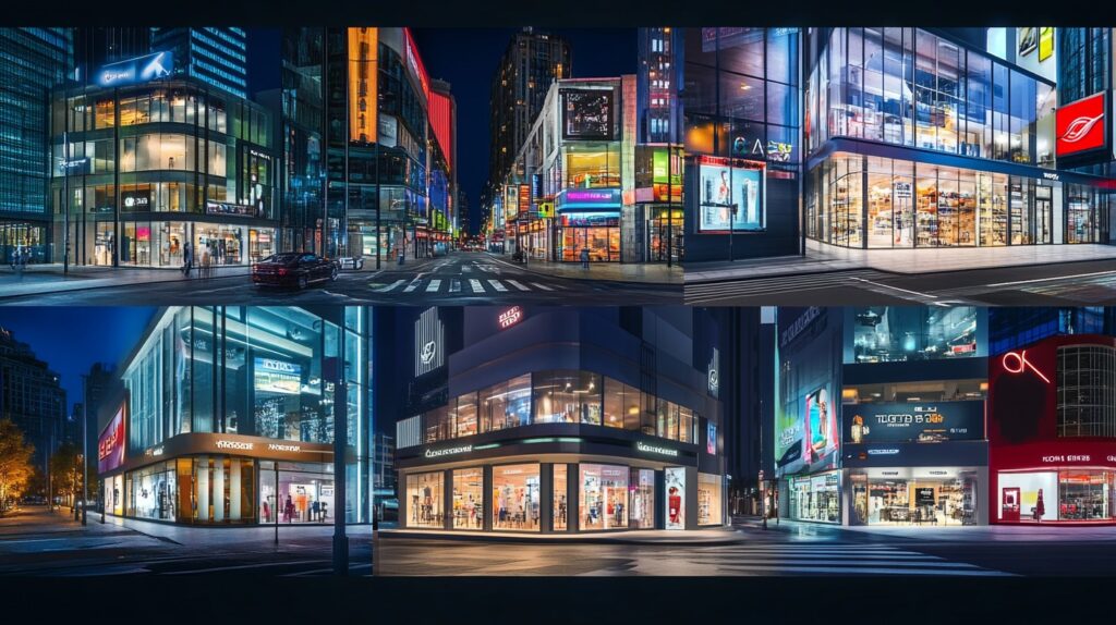 LED-lit storefronts in a commercial district at night, featuring vibrant digital signage and illuminated retail displays.