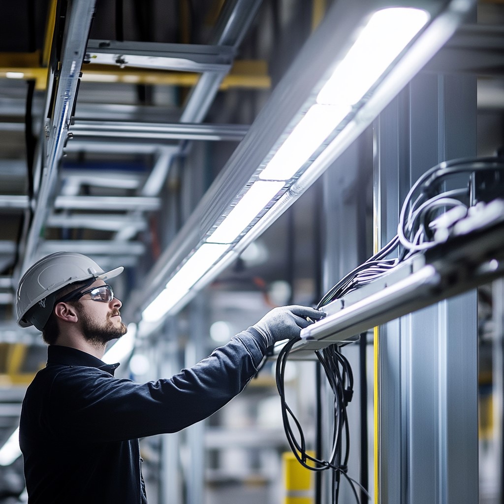 Technician installing energy-efficient LED lighting in an industrial manufacturing facility to improve workplace visibility.