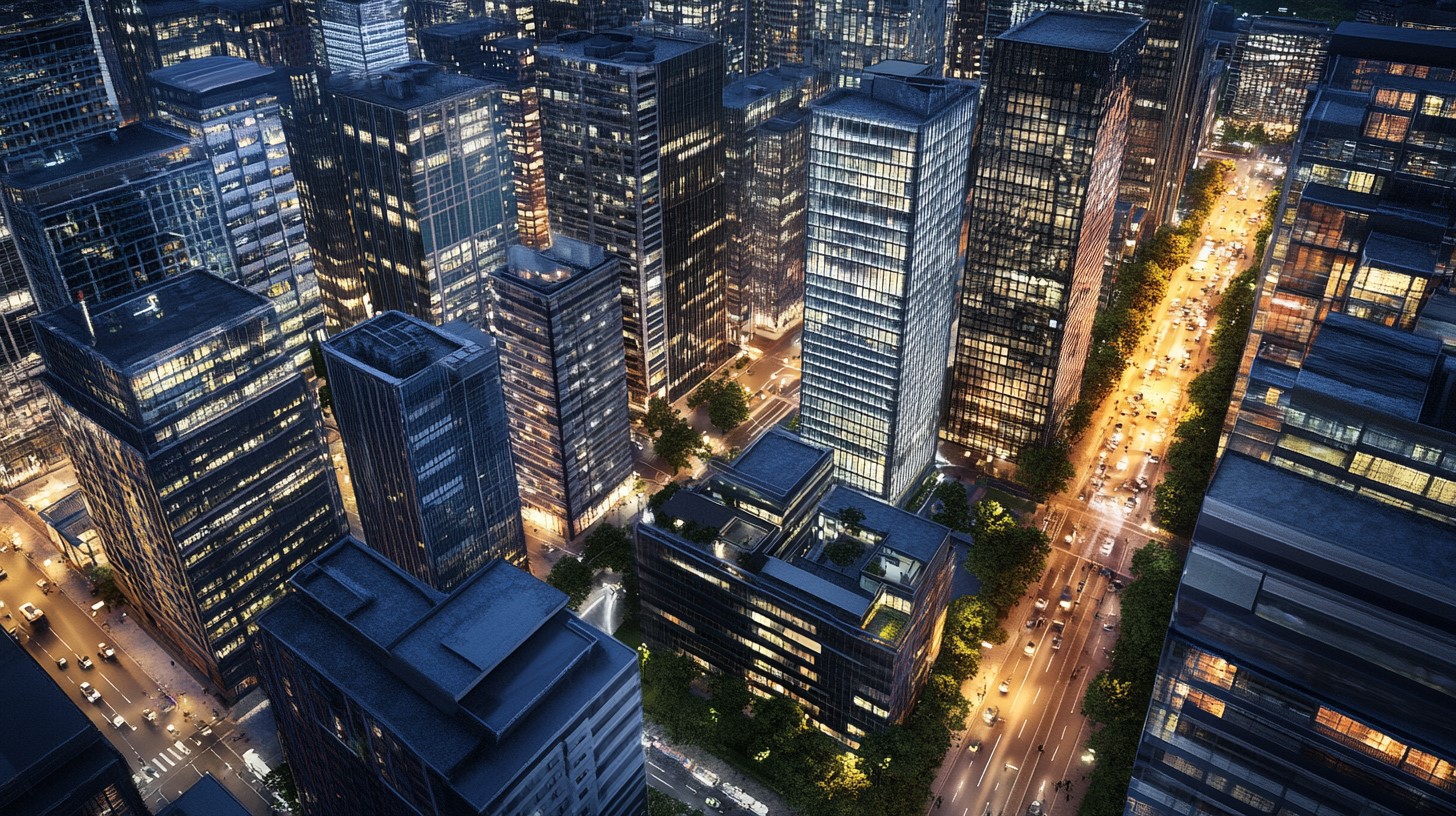 Modern cityscape at night with energy-efficient LED street and building lighting, highlighting smart city infrastructure.