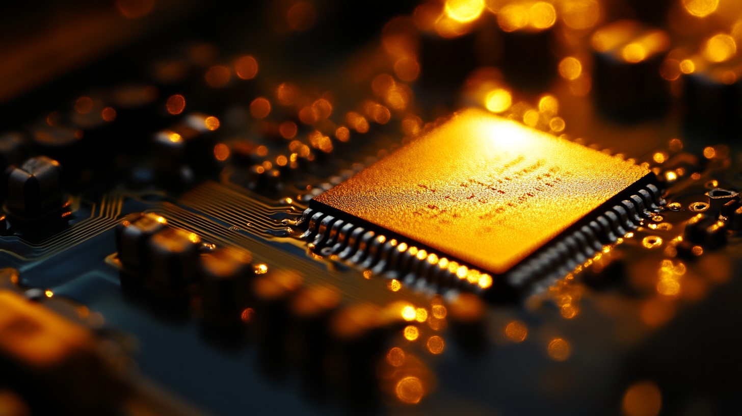 Close-up view of a microchip on a circuit board, representing advanced LED technology and electronics manufacturing.