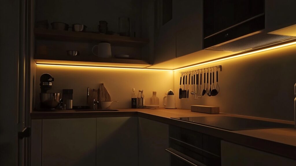 Warm LED under-cabinet lighting illuminating a minimalist kitchen countertop with utensils and appliances.