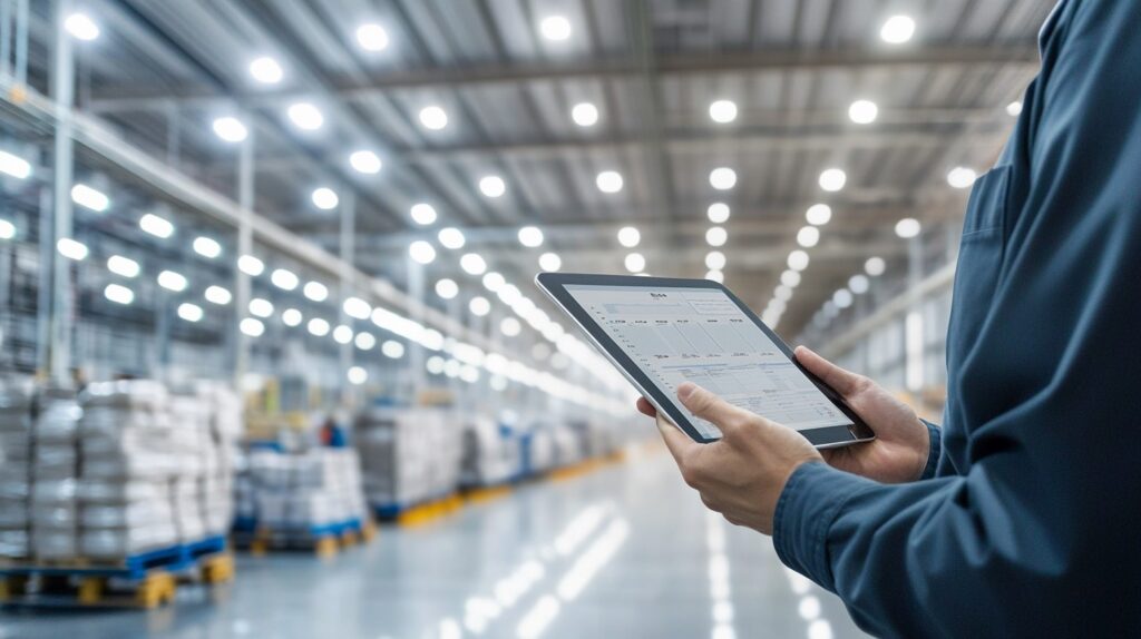 Man holding an Ipad in a warehouse showing LED upgrade savings