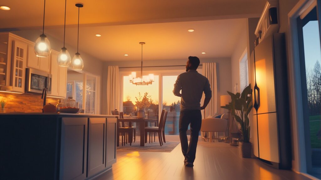 Man admiring modern LED lighting in a residential kitchen and dining room at sunset, highlighting energy-efficient home lighting solutions.