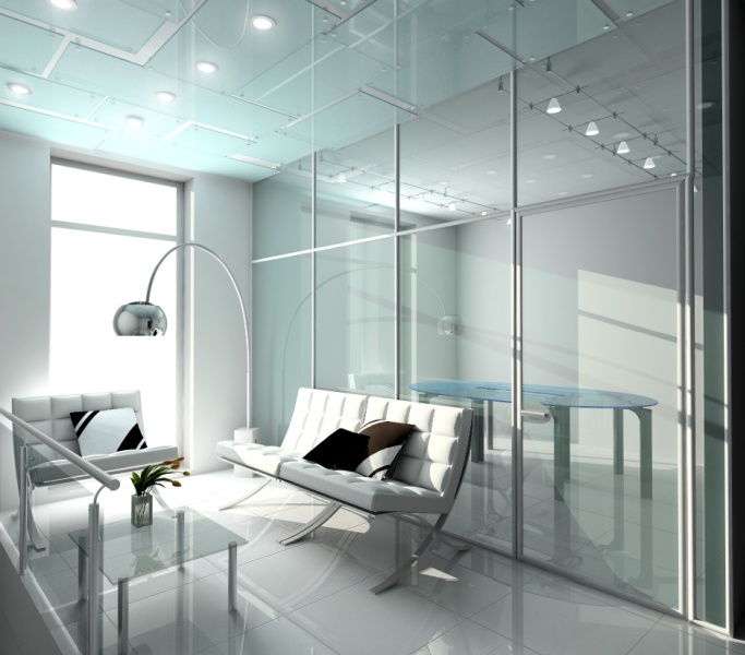 Modern office lounge featuring glass partitions, contemporary furniture, and LED ceiling lighting, with natural light entering through large windows.