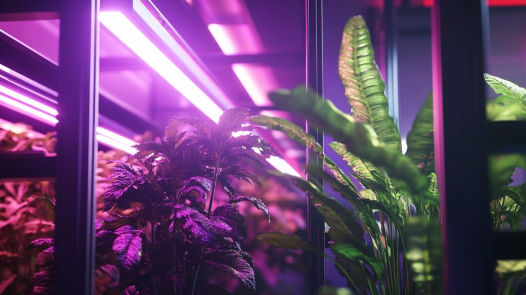 Indoor plants thriving under purple LED grow lights, designed for optimized plant growth in controlled environments.