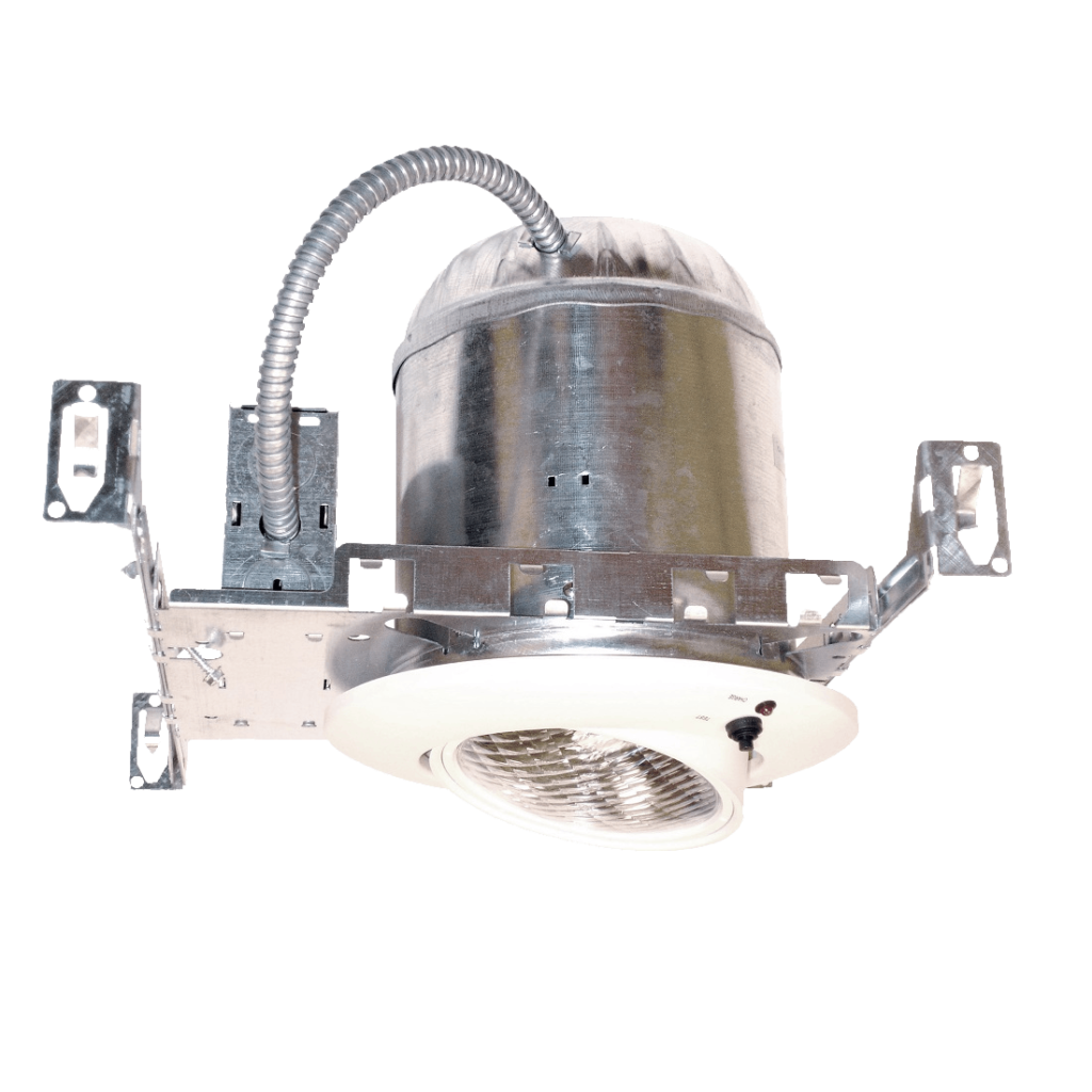 Adjustable recessed emergency down-light with 8W halogen lamp, gimbal trim, and chrome reflector for ceiling installations