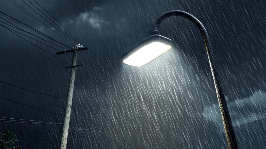 Bright LED streetlight shining in heavy rain, highlighting its weatherproof and energy-efficient design for outdoor use.