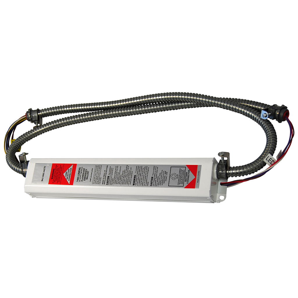 High-lumen fluorescent emergency ballast with 1400-lumen output, dual-lamp support, and self-diagnostic capabilities