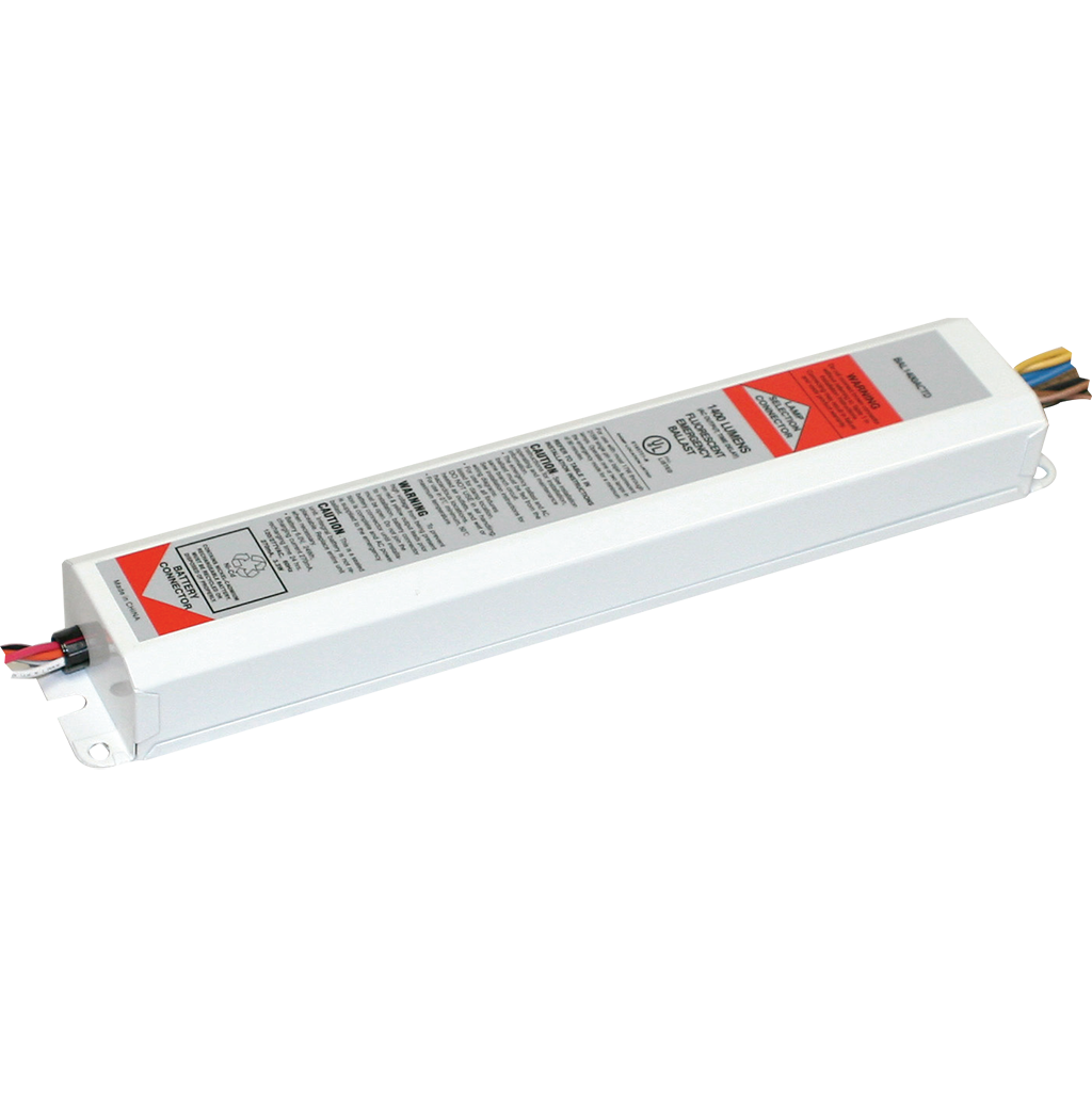 Fluorescent emergency ballast with 1400-lumen output, time-delay feature, and durable steel construction for single-lamp operation