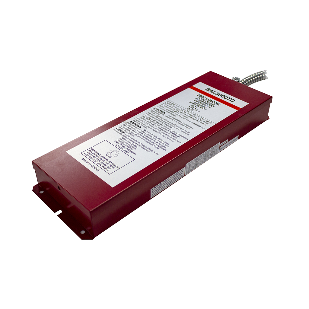 High-output fluorescent emergency ballast with 3000-lumen capacity, dual voltage operation, and time-delay feature for single-lamp emergency setups