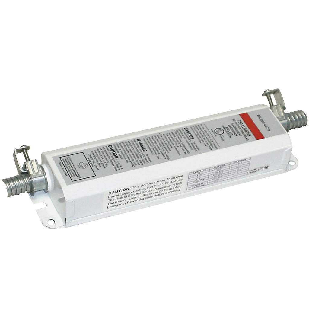 Fluorescent emergency ballast with 750-lumen output, compatible with 4-pin CFLs, dual lamp support, and durable steel housing