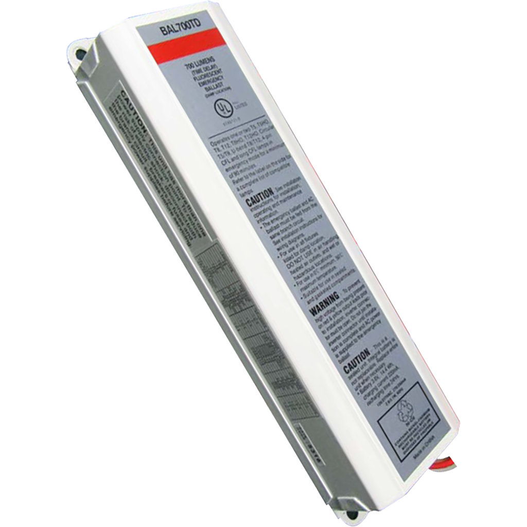 Fluorescent emergency ballast with 700-lumen output, dual lamp support, and time-delay feature for consistent emergency lighting