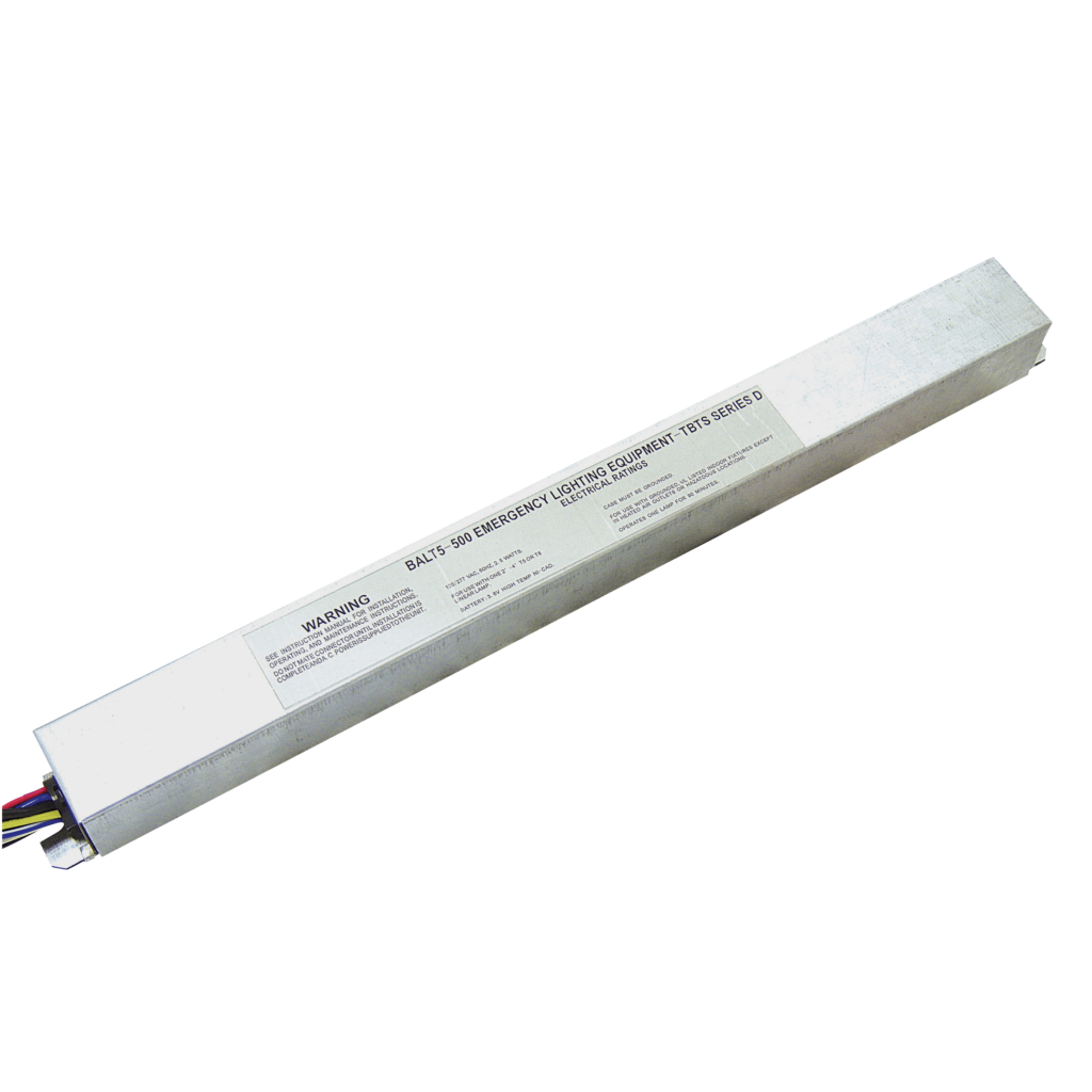 Low-profile T5 fluorescent emergency ballast with 500-lumen output, dual voltage, and compact steel housing