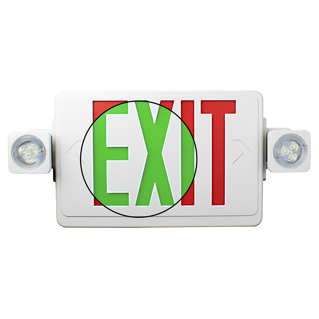 Compact LED exit and emergency combo light with red/green lettering options in a durable thermoplastic housing