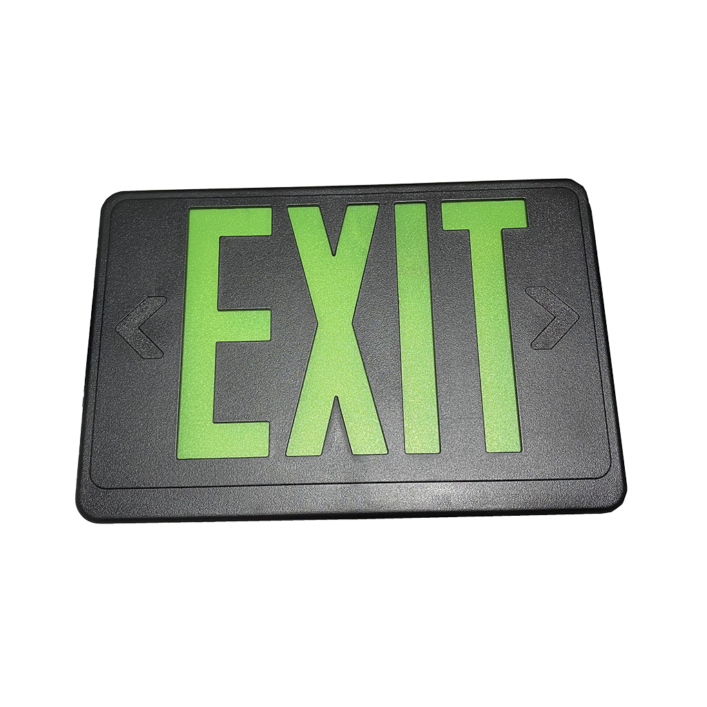 Remote-capable LED exit sign with thermoplastic housing and red/green lettering options for emergency egress