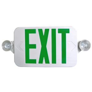 Compact low-profile LED exit and emergency combo light with red/green lettering and remote capability