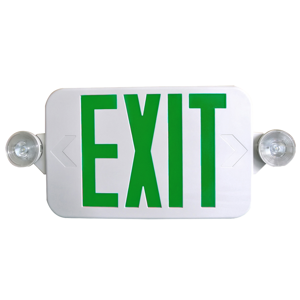 Compact low-profile LED exit and emergency combo light with red/green lettering and remote capability