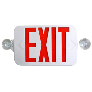 Compact low-profile LED exit and emergency combo light with red/green lettering and remote capability