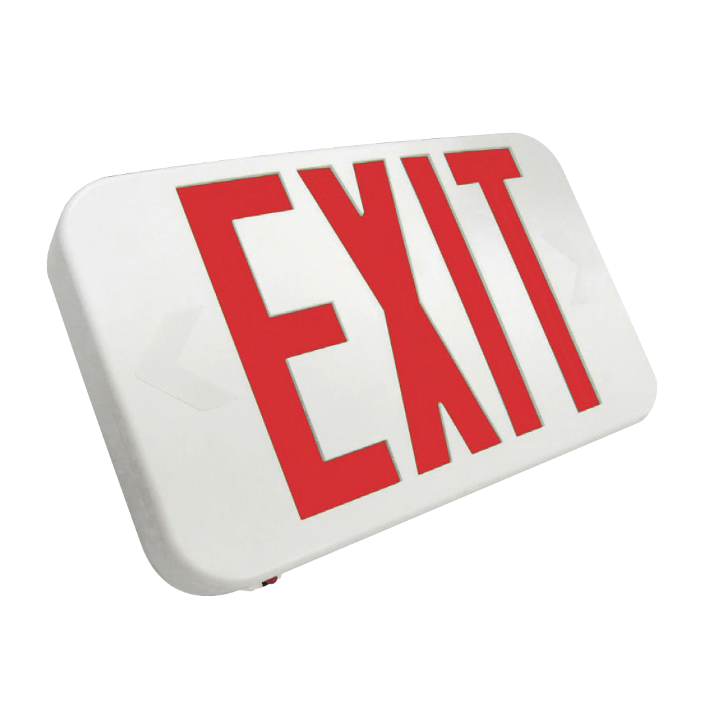 Compact remote-capable LED exit sign in thermoplastic housing for indoor emergency egress