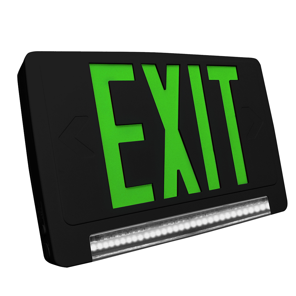 LED exit and emergency combo light with Light Pipe lens, selectable red/green lettering, and remote capability