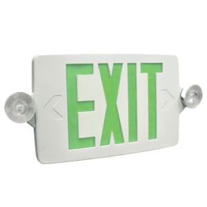 Thin-profile LED exit and emergency combo with adjustable lamp heads, remote capability, and red/green lettering options