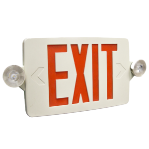 Thin-profile LED exit and emergency combo with adjustable lamp heads, remote capability, and red/green lettering options