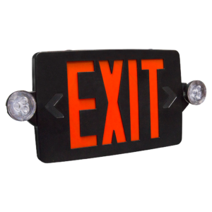 Thin-profile LED exit and emergency combo with adjustable lamp heads, remote capability, and red/green lettering options