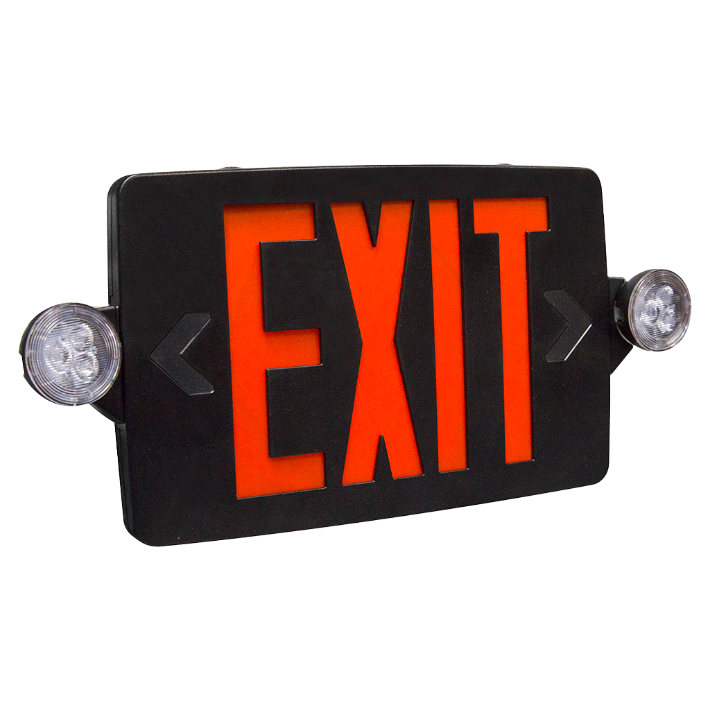 Thin-profile LED exit and emergency combo with adjustable lamp heads, remote capability, and red/green lettering options