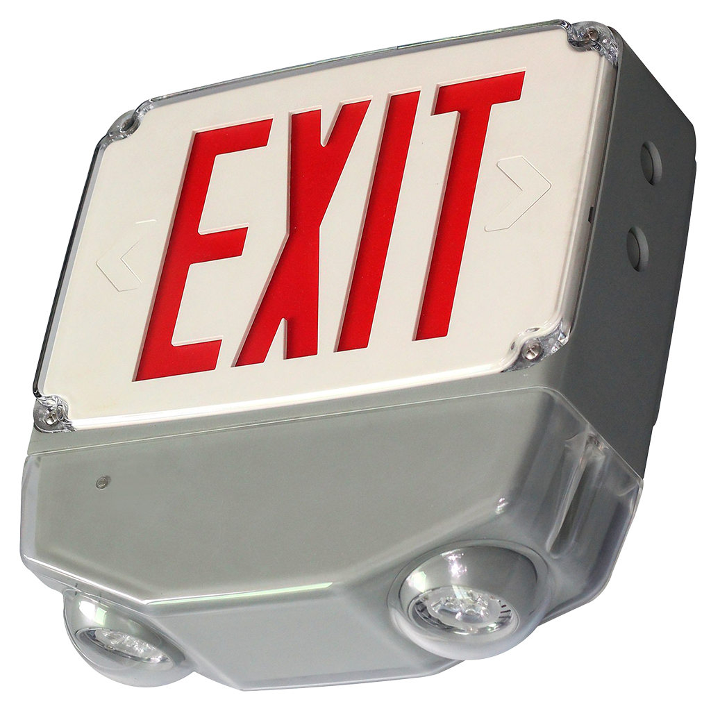 Wet location-rated LED exit and emergency combo light with red/green lettering, remote capability, and UV-stabilized polycarbonate housing