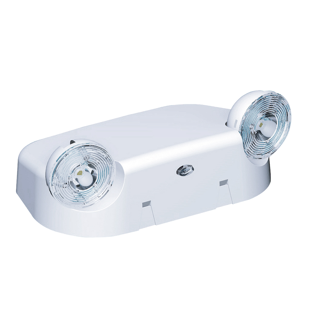 Compact LED emergency light with adjustable lamp heads in a low-profile thermoplastic housing