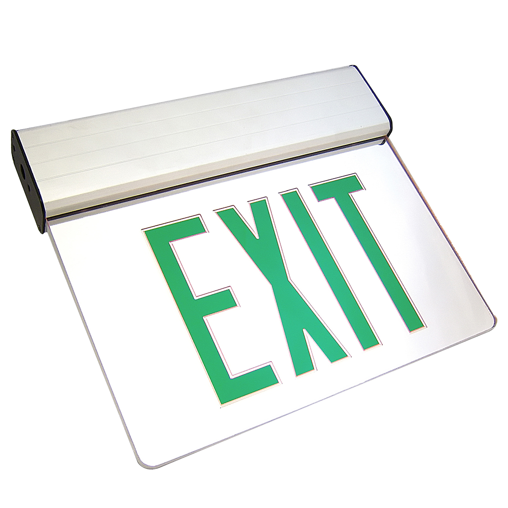 Sleek edgelit aluminum exit sign with red/green LED illumination and optional battery backup for emergency egress