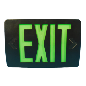 Slim thermoplastic exit sign with red/green LED illumination, dual voltage, and battery backup option