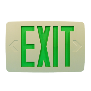 Slim thermoplastic exit sign with red/green LED illumination, dual voltage, and battery backup option