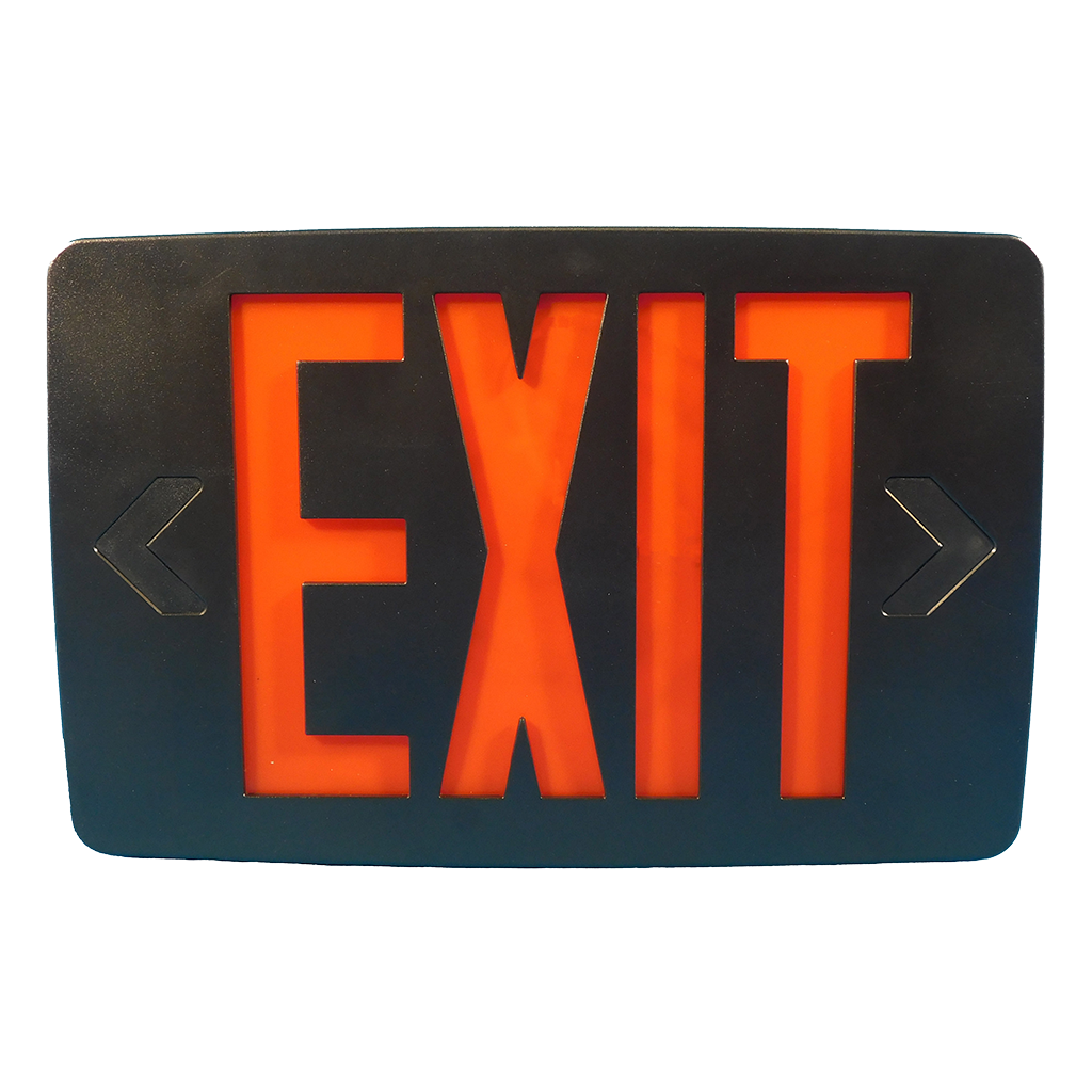 Slim thermoplastic exit sign with red/green LED illumination, dual voltage, and battery backup option