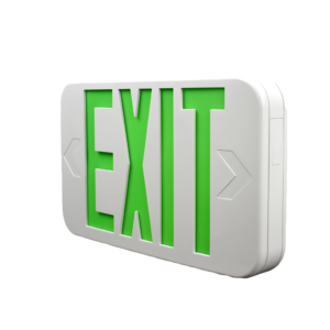 Compact thermoplastic exit sign with red/green LED, battery backup, and curved design for indoor use