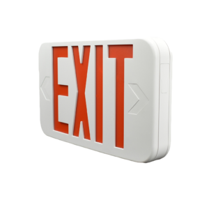 Compact thermoplastic exit sign with red/green LED, battery backup, and curved design for indoor use