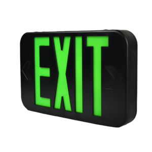 Compact thermoplastic exit sign with red/green LED, battery backup, and curved design for indoor use