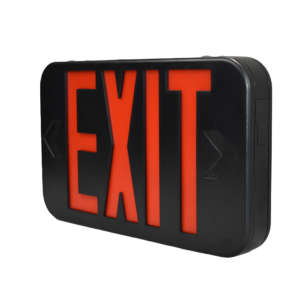 Compact thermoplastic exit sign with red/green LED, battery backup, and curved design for indoor use