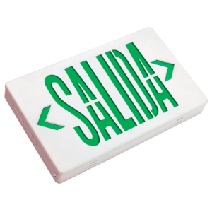 Compact LED Salida exit sign with dual voltage, optional battery backup, and thermoplastic housing